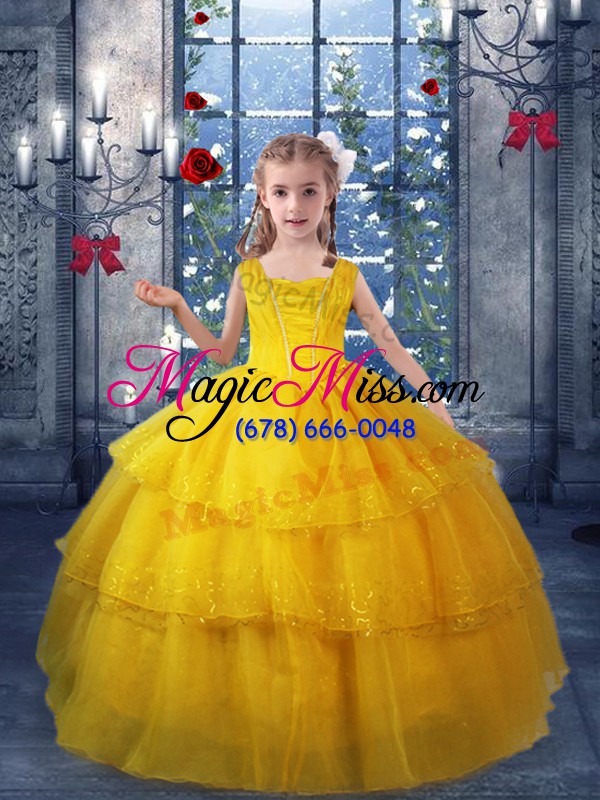 wholesale lovely gold lace up girls pageant dresses ruffled layers sleeveless floor length