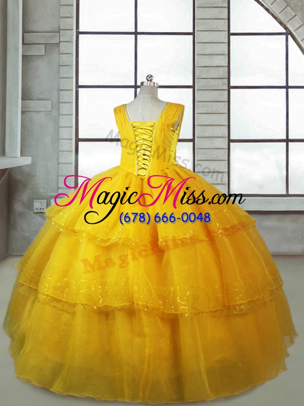 wholesale pretty floor length gold child pageant dress v-neck sleeveless lace up