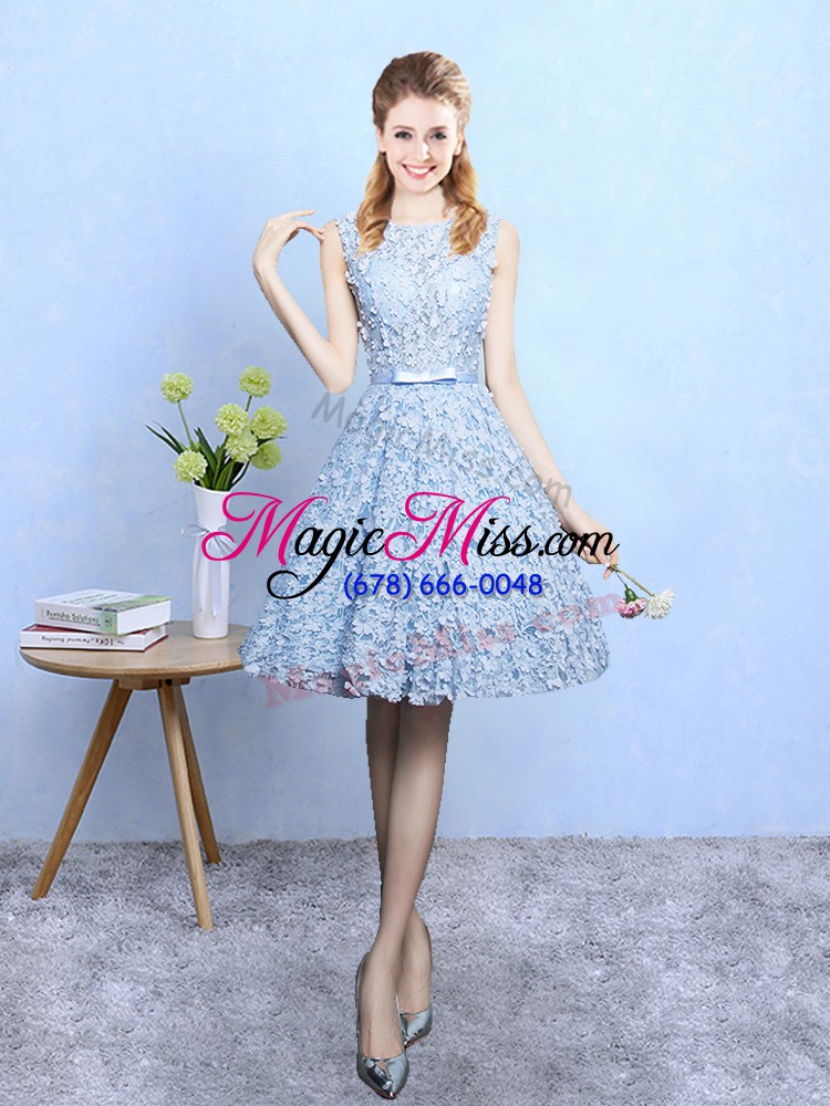 wholesale light blue a-line printed scoop sleeveless belt knee length lace up quinceanera court of honor dress