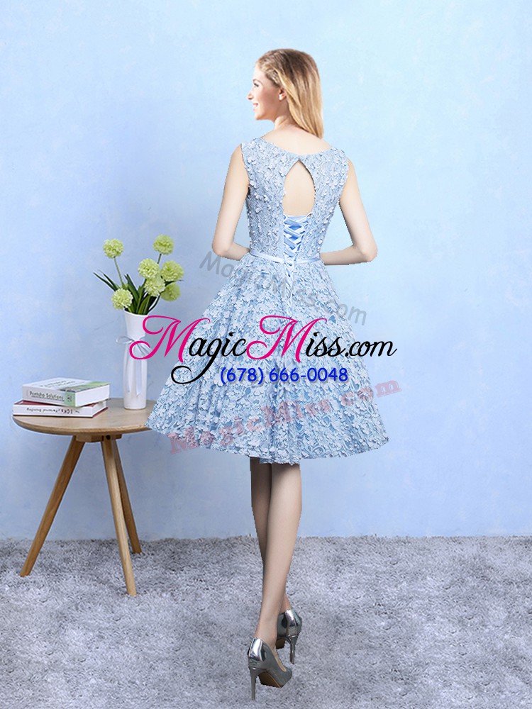 wholesale light blue a-line printed scoop sleeveless belt knee length lace up quinceanera court of honor dress