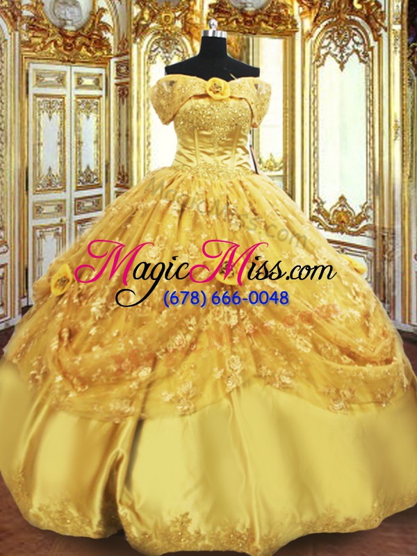 wholesale gold ball gowns beading and appliques and hand made flower quinceanera gowns lace up tulle sleeveless floor length