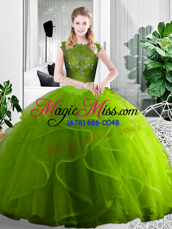 wholesale olive green two pieces scoop sleeveless tulle floor length zipper lace and ruffles vestidos de quinceanera