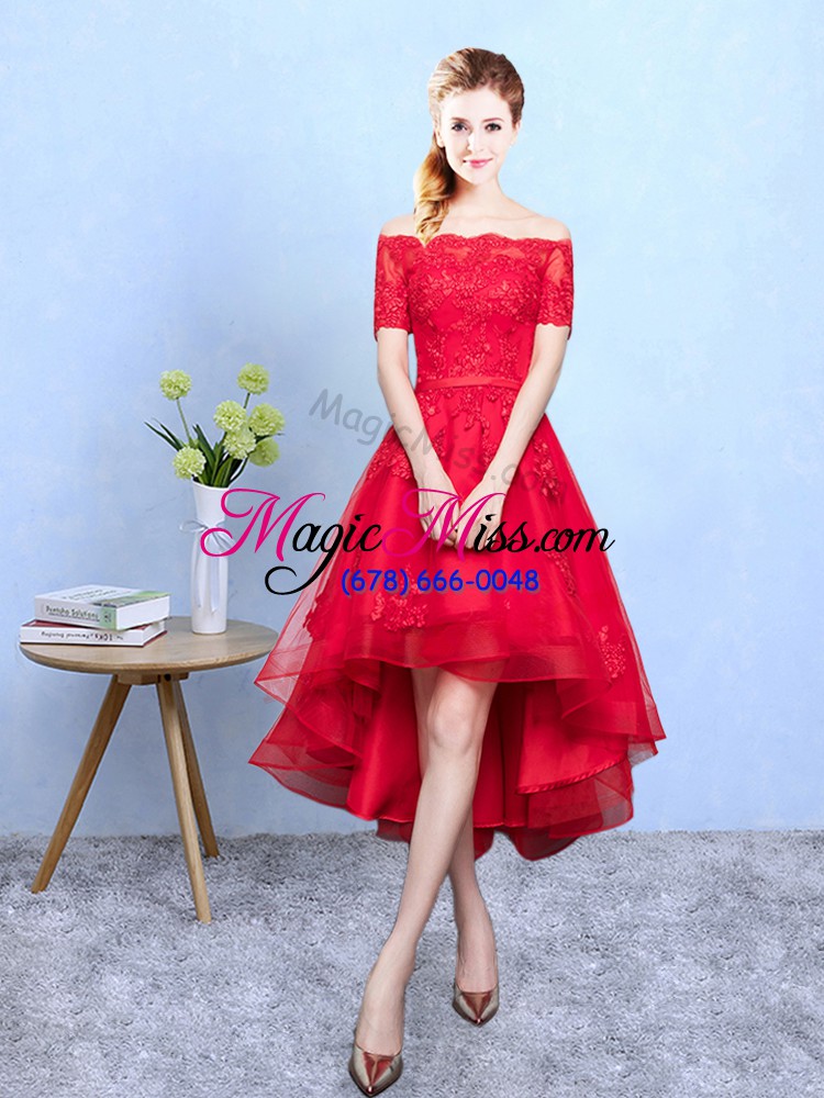 wholesale trendy wine red half sleeves high low appliques lace up wedding party dress