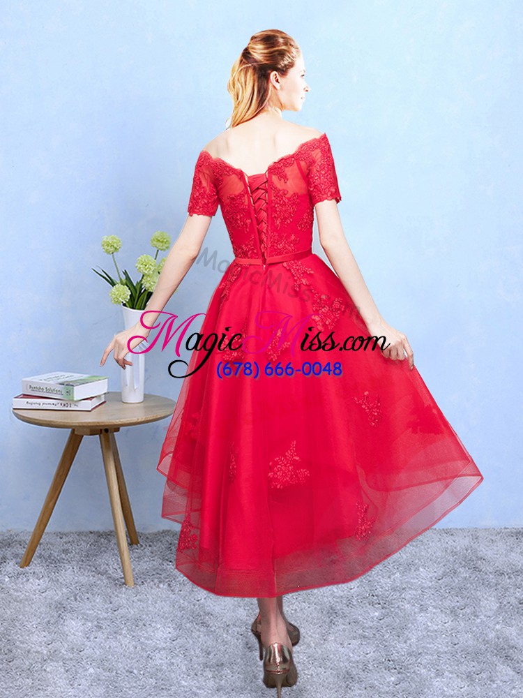 wholesale trendy wine red half sleeves high low appliques lace up wedding party dress