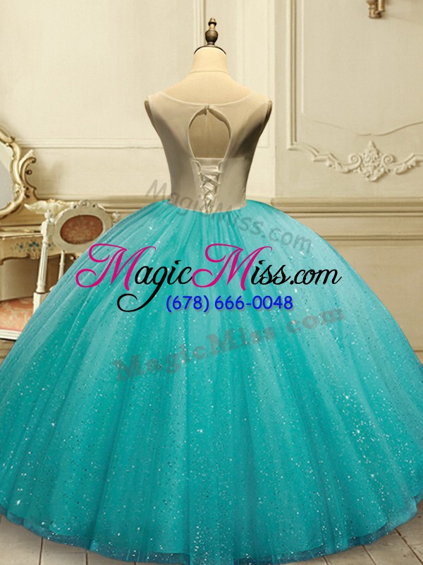 wholesale aqua blue tulle lace up scoop sleeveless floor length 15th birthday dress appliques and sequins