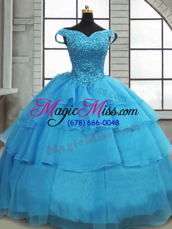 wholesale chic baby blue lace up off the shoulder beading and ruffled layers quince ball gowns organza sleeveless brush train