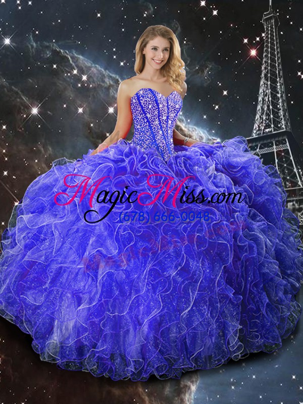 wholesale exquisite blue organza lace up 15 quinceanera dress sleeveless floor length beading and ruffles