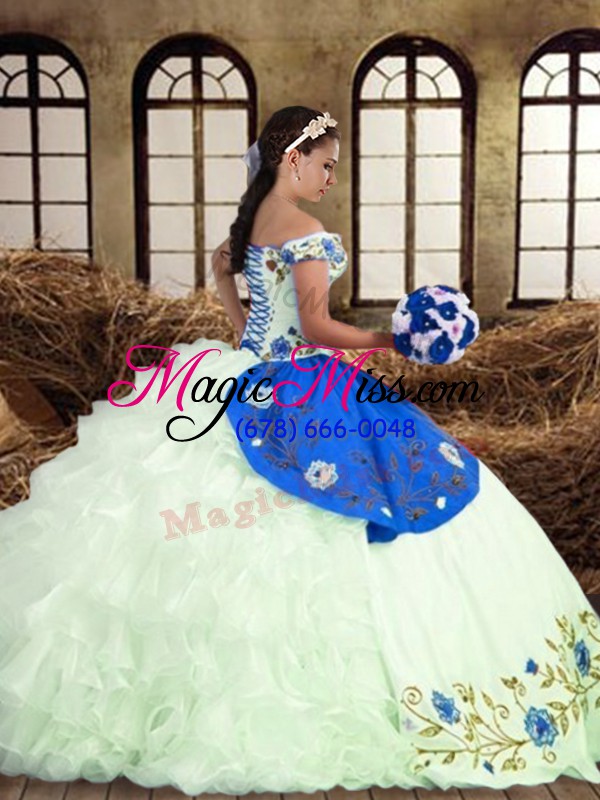 wholesale flare multi-color off the shoulder neckline embroidery quinceanera dress sleeveless lace up