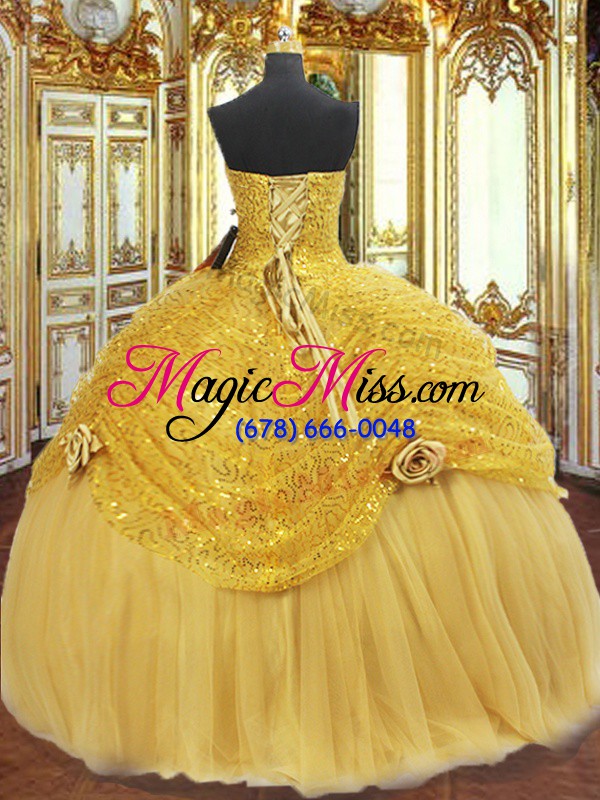 wholesale gold quince ball gowns military ball and sweet 16 and quinceanera with pick ups and hand made flower sweetheart sleeveless lace up
