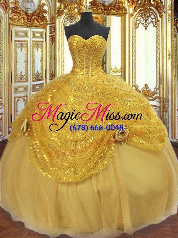 wholesale gold quince ball gowns military ball and sweet 16 and quinceanera with pick ups and hand made flower sweetheart sleeveless lace up