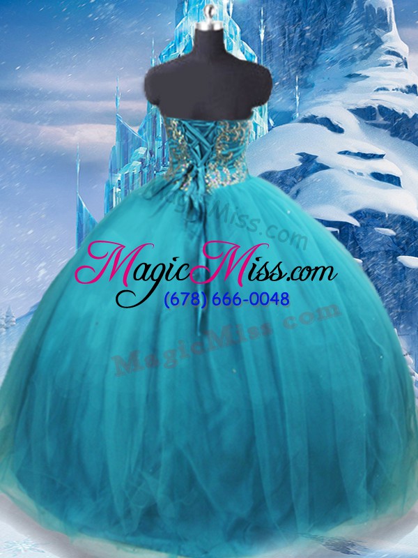 wholesale glorious sleeveless tulle floor length lace up quinceanera dresses in teal with appliques