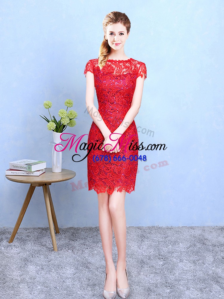 wholesale spectacular lace bateau short sleeves zipper lace bridesmaids dress in red