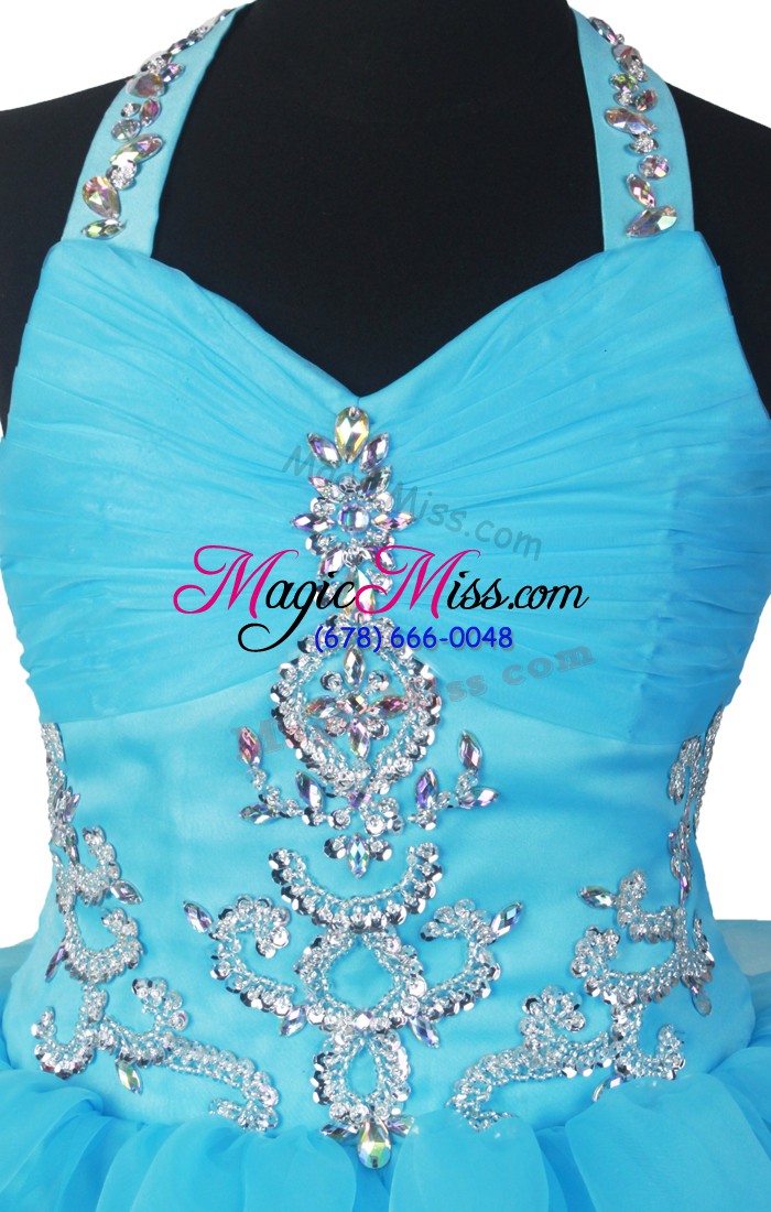 wholesale baby blue organza zipper v-neck sleeveless floor length little girls pageant dress beading and ruffled layers
