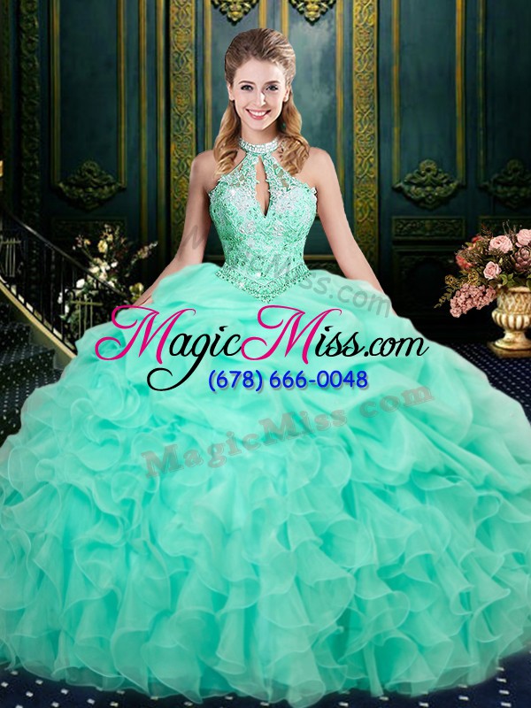 wholesale ideal sleeveless organza floor length lace up quince ball gowns in apple green with beading and ruffles and pick ups