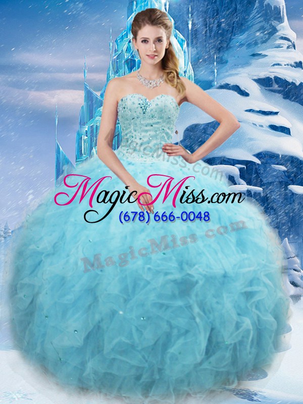 wholesale affordable aqua blue lace up sweetheart beading and pick ups 15th birthday dress tulle sleeveless