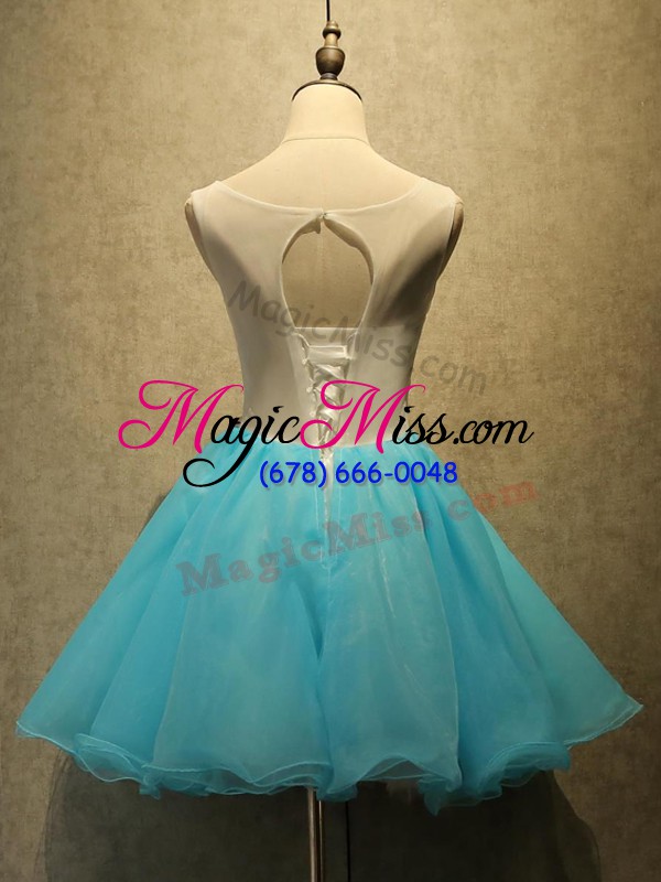 wholesale mini length aqua blue prom evening gown organza sleeveless embroidery