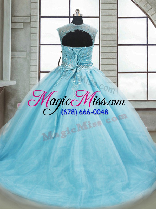 wholesale fantastic brush train ball gowns sweet 16 quinceanera dress aqua blue scoop tulle sleeveless lace up
