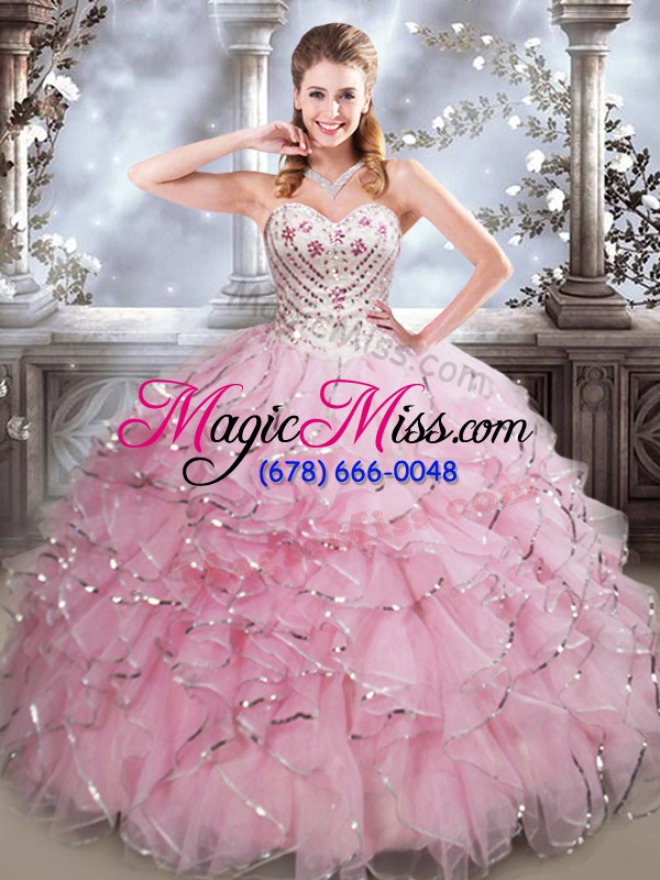 wholesale spectacular sweetheart sleeveless sweet 16 dresses floor length beading and ruffles baby pink organza