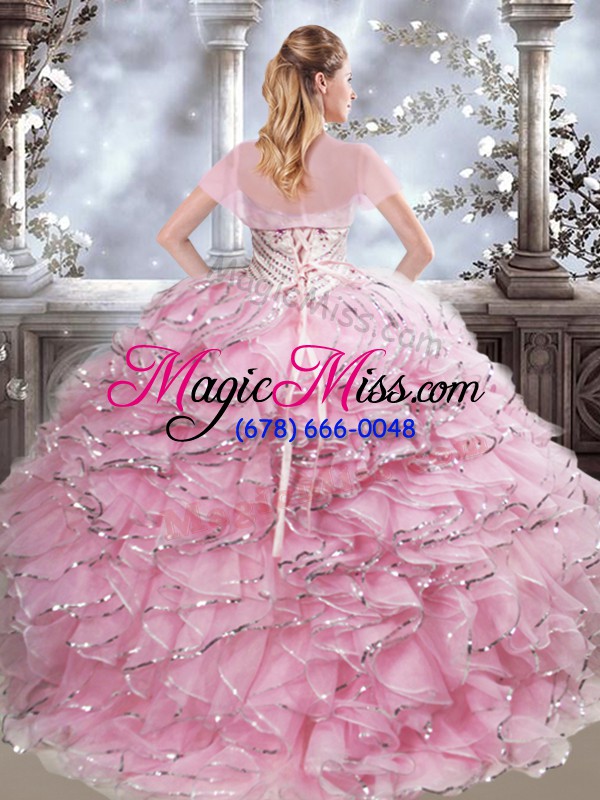wholesale spectacular sweetheart sleeveless sweet 16 dresses floor length beading and ruffles baby pink organza