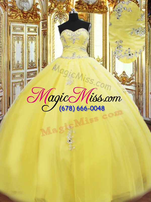 wholesale floor length lace up sweet 16 dress yellow for military ball and sweet 16 and quinceanera with beading and appliques