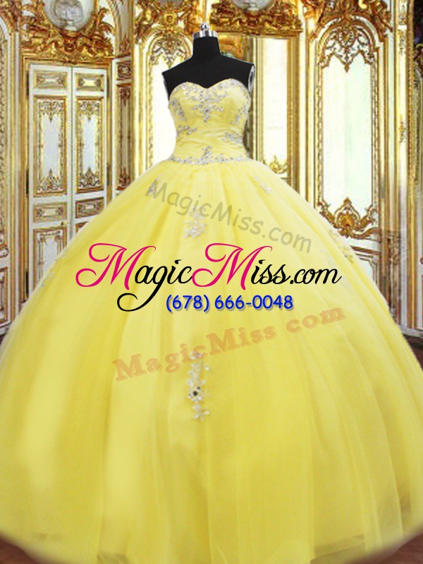 wholesale floor length lace up sweet 16 dress yellow for military ball and sweet 16 and quinceanera with beading and appliques