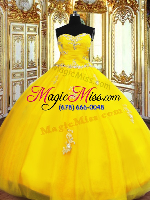 wholesale gold ball gowns sweetheart sleeveless organza floor length lace up beading and appliques quinceanera gown