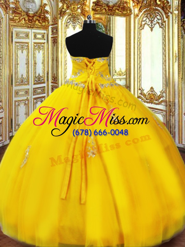 wholesale gold ball gowns sweetheart sleeveless organza floor length lace up beading and appliques quinceanera gown