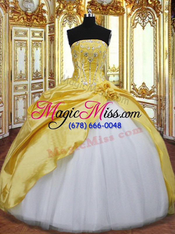 wholesale glorious sleeveless taffeta floor length lace up quinceanera dresses in gold with beading and hand made flower