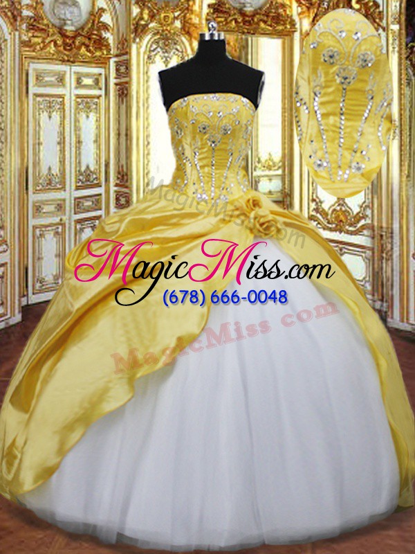 wholesale glorious sleeveless taffeta floor length lace up quinceanera dresses in gold with beading and hand made flower