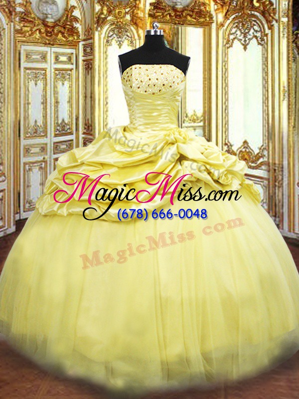 wholesale hot selling gold ball gowns beading and pick ups quinceanera gowns lace up taffeta sleeveless floor length