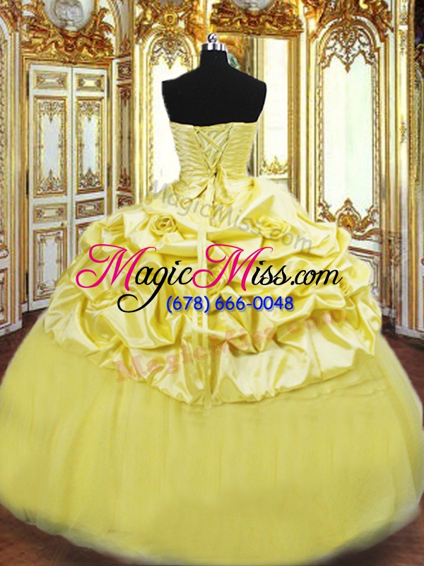 wholesale hot selling gold ball gowns beading and pick ups quinceanera gowns lace up taffeta sleeveless floor length