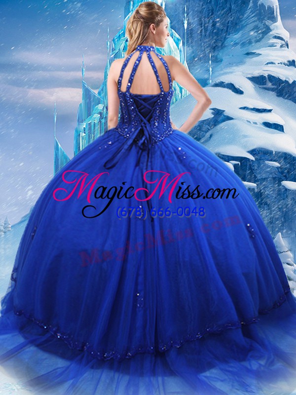 wholesale high-neck sleeveless tulle ball gown prom dress beading and ruffles brush train lace up