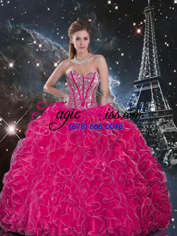 wholesale perfect hot pink sweetheart lace up beading and ruffles sweet 16 dress sleeveless