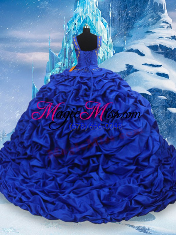 wholesale dazzling blue and white lace up quinceanera gowns ruffled layers and pick ups sleeveless brush train