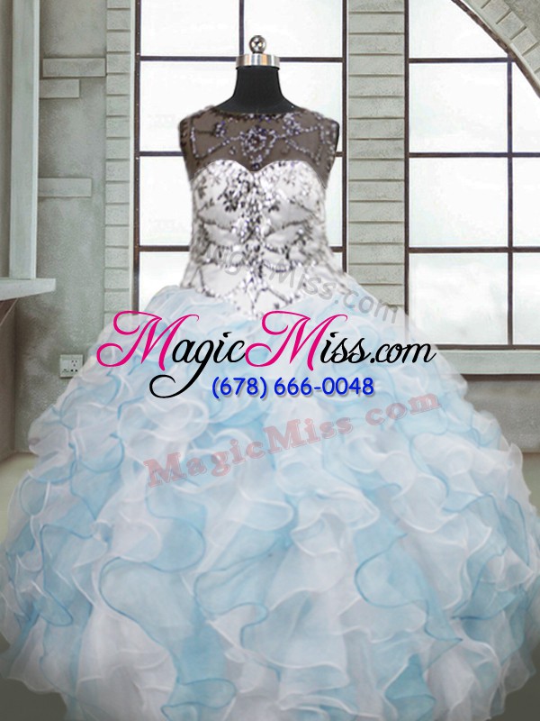 wholesale fine blue and white organza lace up scoop sleeveless floor length sweet 16 dresses beading and ruffles