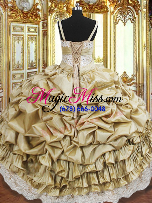 wholesale discount champagne ball gowns taffeta straps sleeveless beading and appliques and ruffled layers and pick ups floor length lace up sweet 16 quinceanera dress