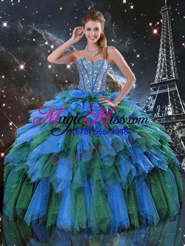 wholesale multi-color lace up sweetheart beading and ruffles and ruffled layers quinceanera gowns organza sleeveless