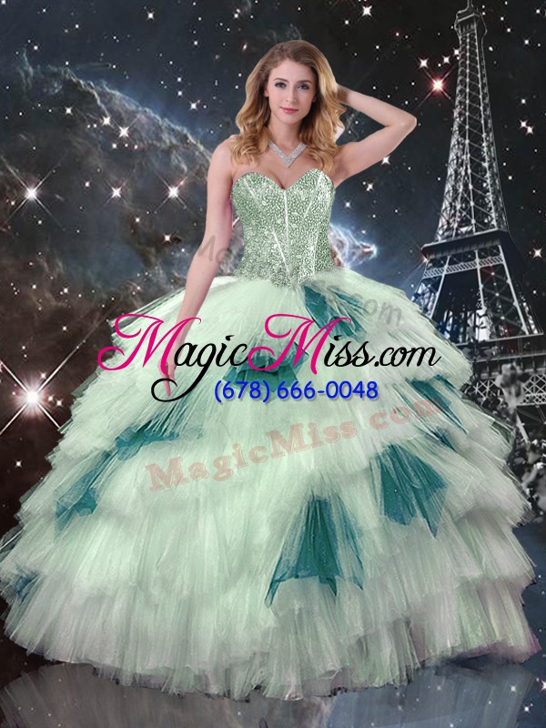 wholesale fashion multi-color three pieces tulle sweetheart sleeveless beading and ruffled layers and sequins floor length lace up quinceanera dress