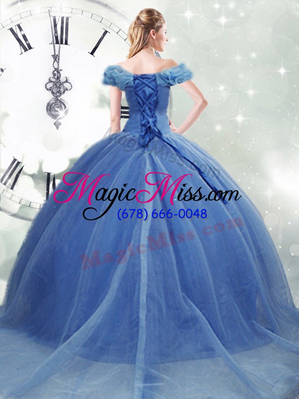 wholesale modern light blue lace up quinceanera gown pick ups sleeveless brush train