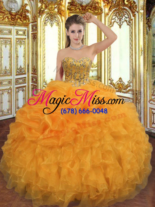 wholesale top selling orange lace up sweetheart beading and ruffles 15 quinceanera dress organza sleeveless
