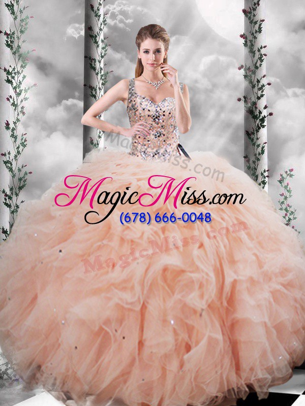 wholesale peach straps neckline beading and ruffles quinceanera gowns sleeveless lace up