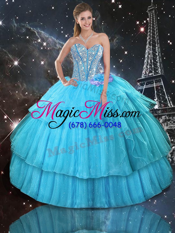wholesale aqua blue sleeveless organza and tulle lace up 15th birthday dress for military ball and sweet 16 and quinceanera
