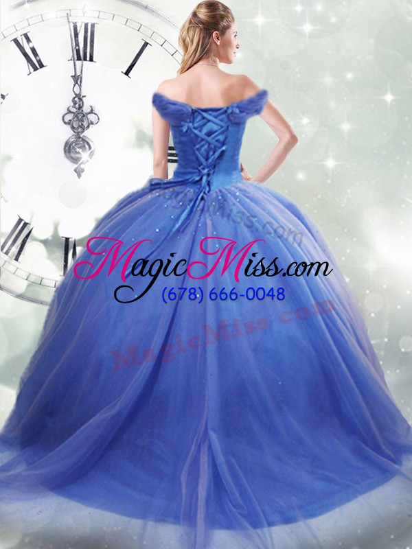 wholesale exquisite off the shoulder sleeveless tulle quinceanera gown pick ups brush train lace up