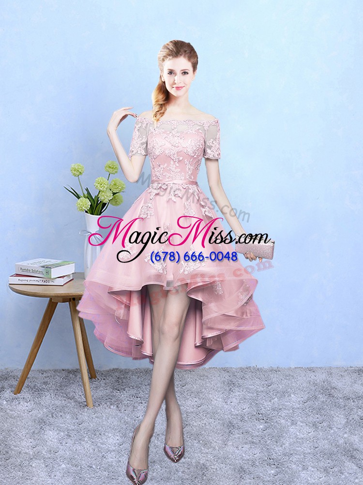wholesale baby pink short sleeves high low lace lace up quinceanera dama dress
