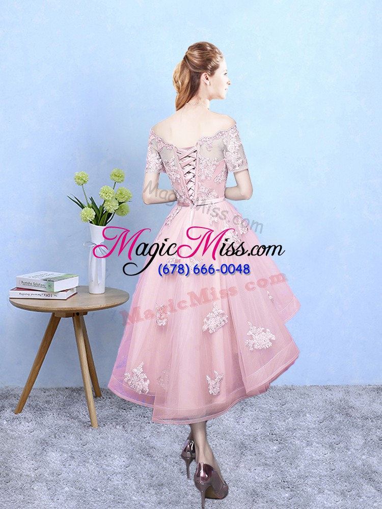 wholesale baby pink short sleeves high low lace lace up quinceanera dama dress