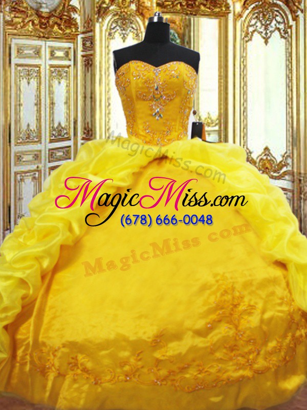 wholesale brush train ball gowns sweet 16 dress gold sweetheart taffeta sleeveless lace up