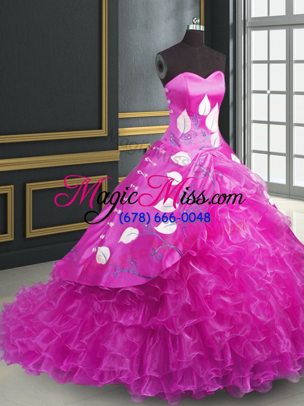 wholesale discount fuchsia ball gowns organza sweetheart sleeveless embroidery and ruffles lace up quinceanera gowns brush train