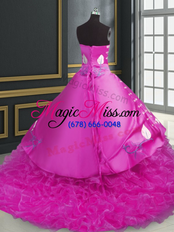 wholesale discount fuchsia ball gowns organza sweetheart sleeveless embroidery and ruffles lace up quinceanera gowns brush train