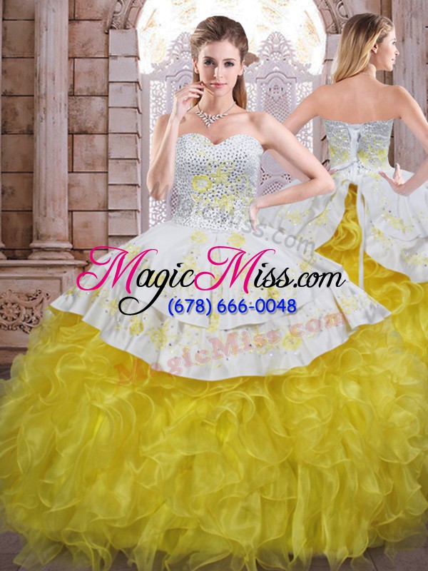 wholesale floor length ball gowns sleeveless yellow and white quinceanera gowns lace up