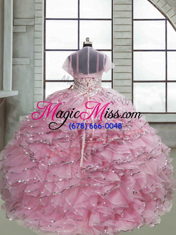 wholesale baby pink ball gowns spaghetti straps sleeveless organza brush train lace up beading and ruffles kids formal wear